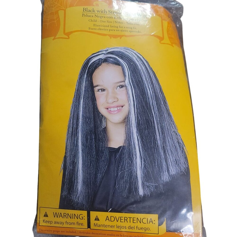 Halloween Wig Black White Streak Child Costume Elasticized Lining One Size NEW